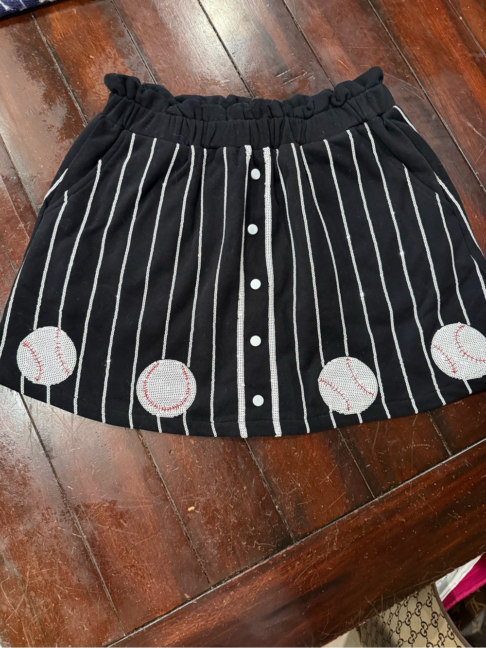 Queen of Sparkles Black Striped Button-Front Skirt with Baseball Embroidery